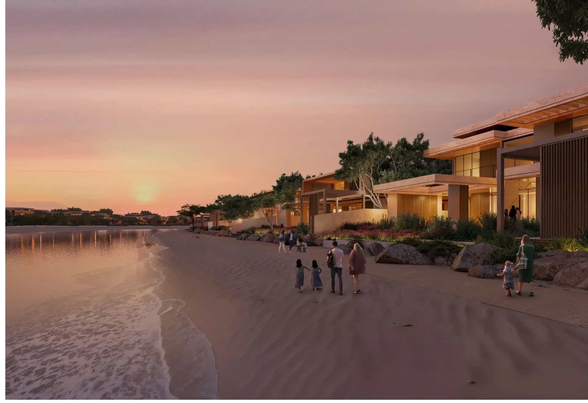 Canal beach at sunset with Naseem AlJurf villas along the water