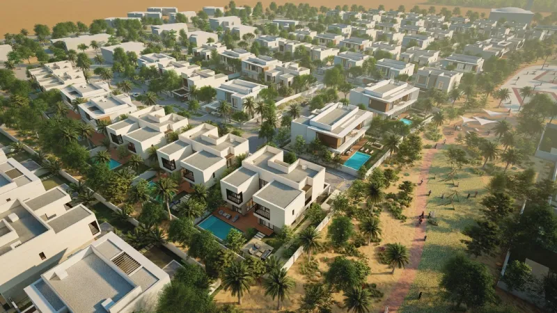 Aerial view of the Kayan AlJurf villas and gardens