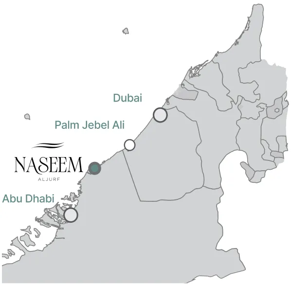 Map of Naseem AlJurf on the UAE coast between Abu Dhabi and Dubai
