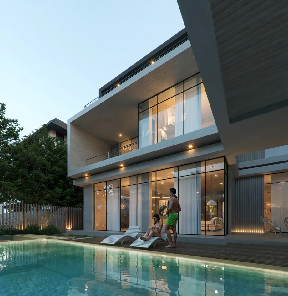 Acacia villa pool at dusk