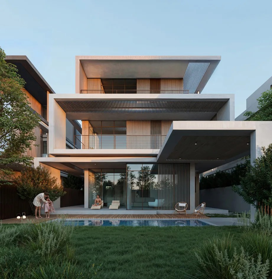Naseem AlJurf Somer villa rising over three levels above its pool