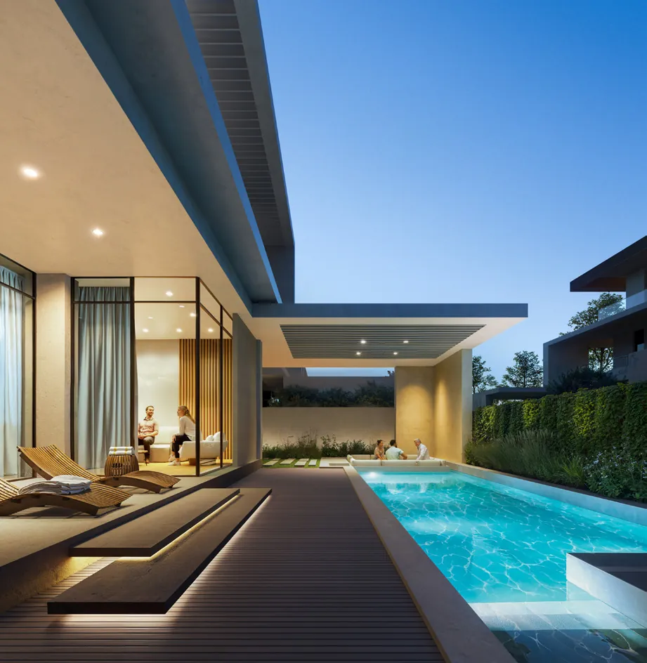 Somer villa pool deck at dusk