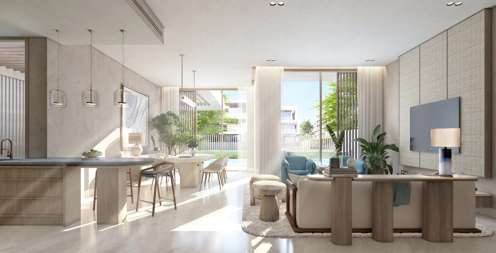 Open-plan kitchen and living room in a Somer villa