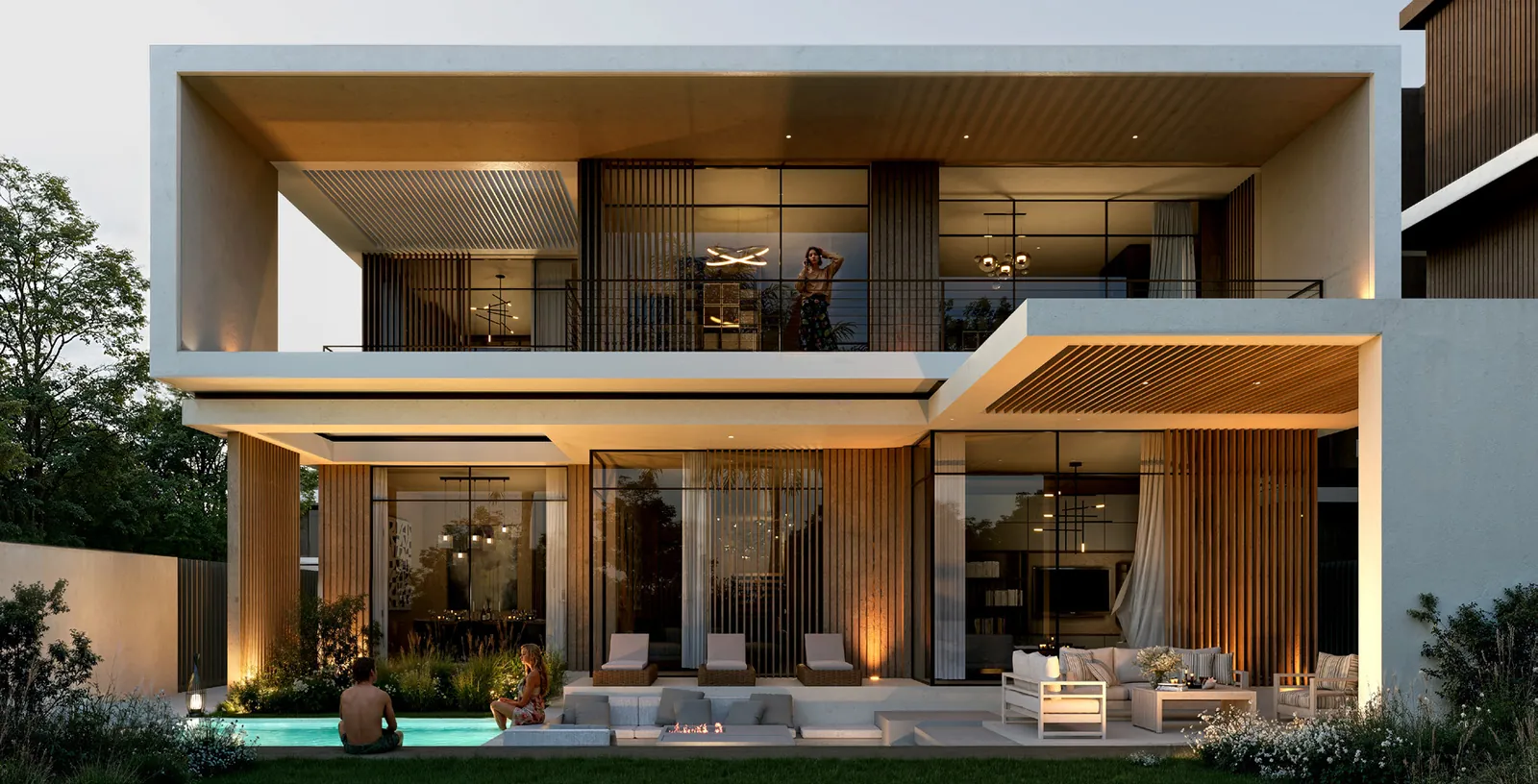 Naseem AlJurf Tala villa at dusk with its pool terrace