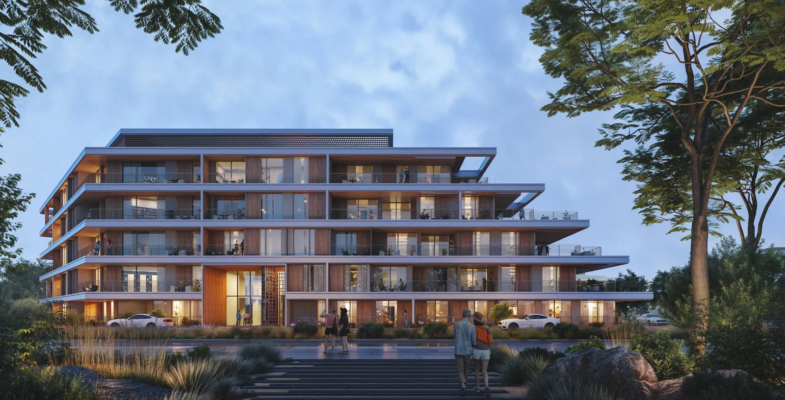 The West Block apartments at Naseem AlJurf, at dusk